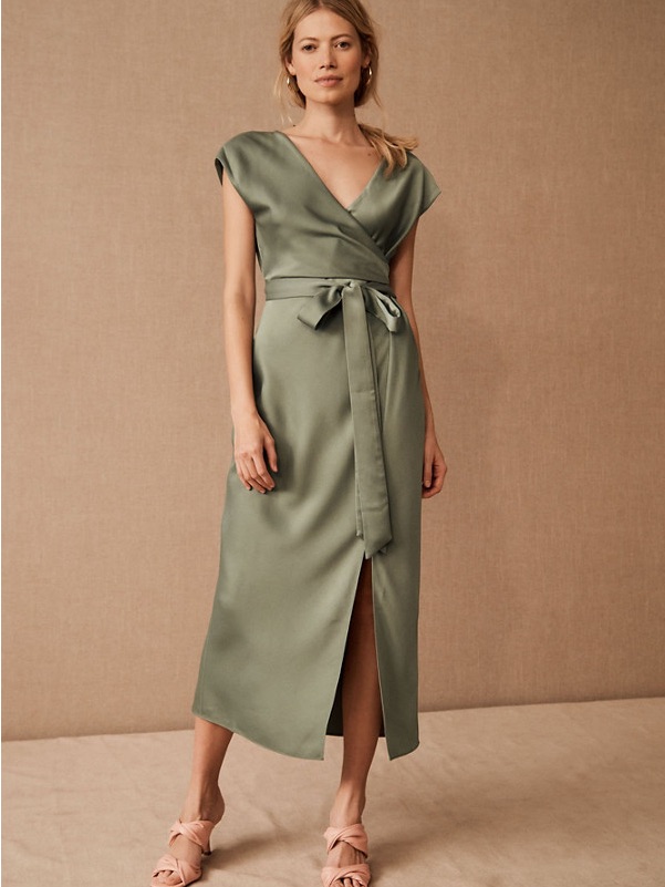 Bhldn Louisa Satin Charmeuse Midi Dress In Moss Green
